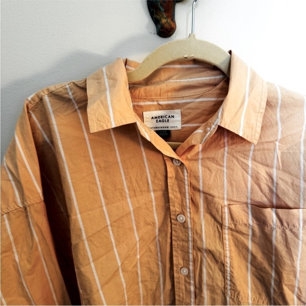 American Eagle Cropped Button Down Peach Stripe L - Picture 4 of 4